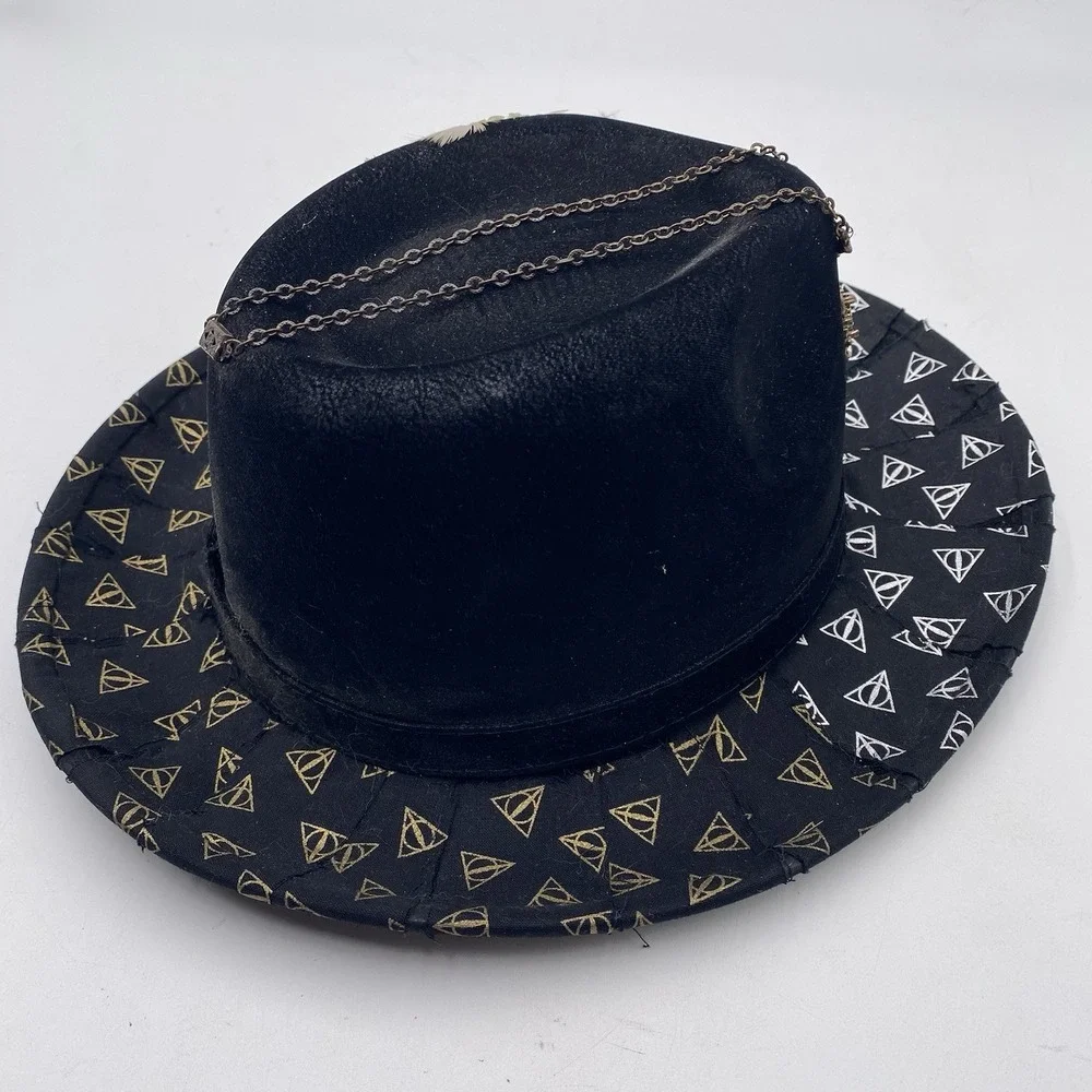 Steampunk Harry Porter Deathly Hallows Hat Black Fedora Size‎ 7 1/8 Feather